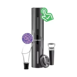SACACORCHOS CHEFMAN PARA VINOS A PILAS 4PCS LUZ LED ACERO INOX  NEGRO