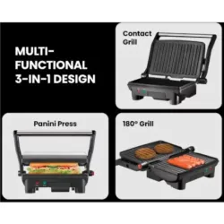 SANDWICHERA CHEFMAN PANINI 3 EN 1 2 REBANADAS ANTIADHERENTE 1000W ACERO INOX